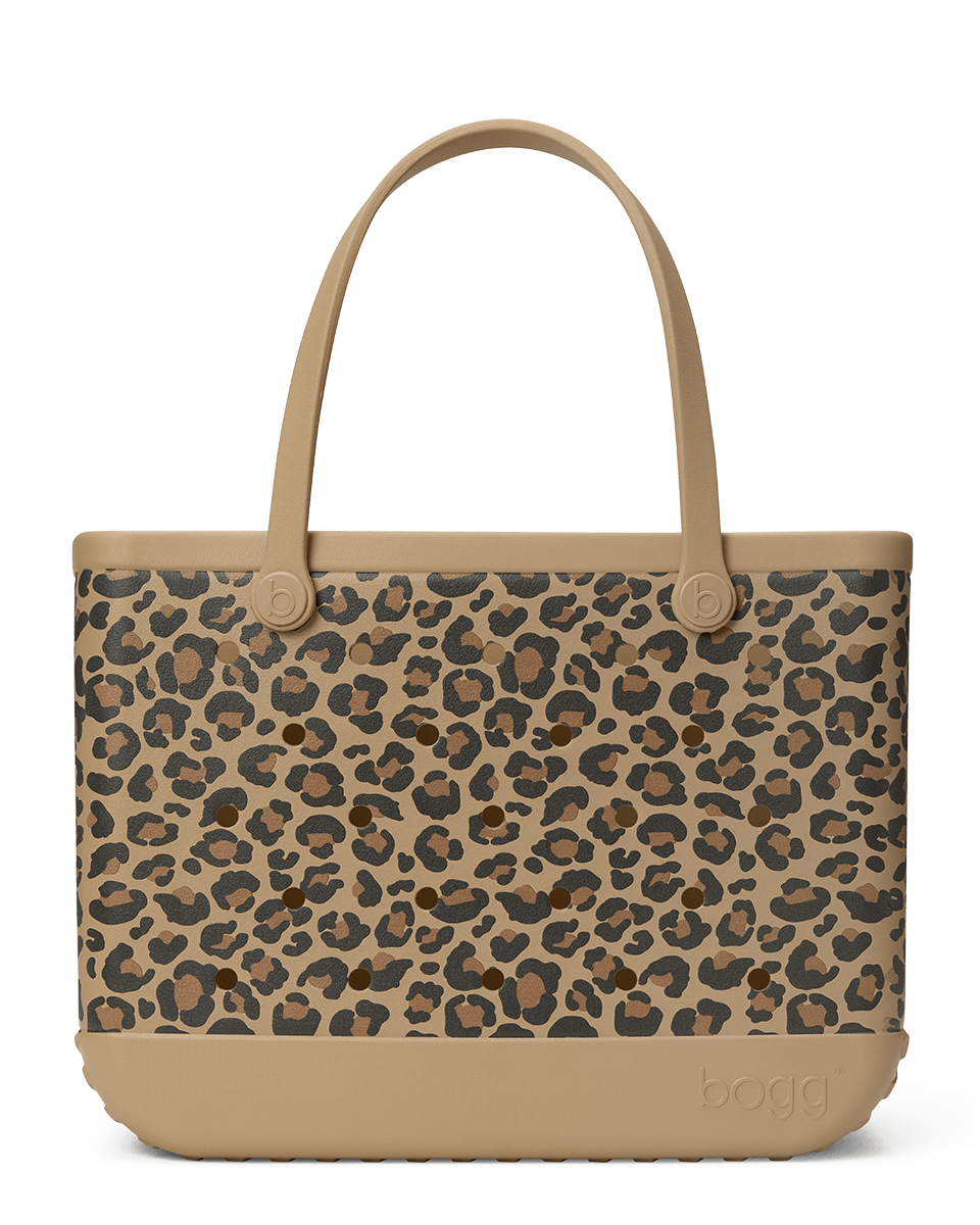 Tan Bogg bag with leopard print pattern on a white background