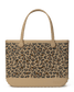 Tan Bogg bag with leopard print pattern on a white background