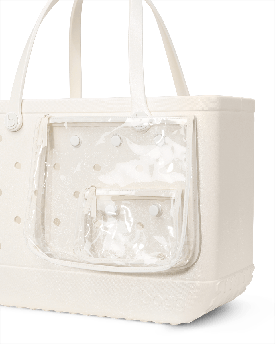 White Bogg tote bag with clear pocket attached on a white background