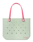 Light green tote bag with pink handles on a white background