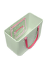 Top view of light green tote bag with pink handles on a white background