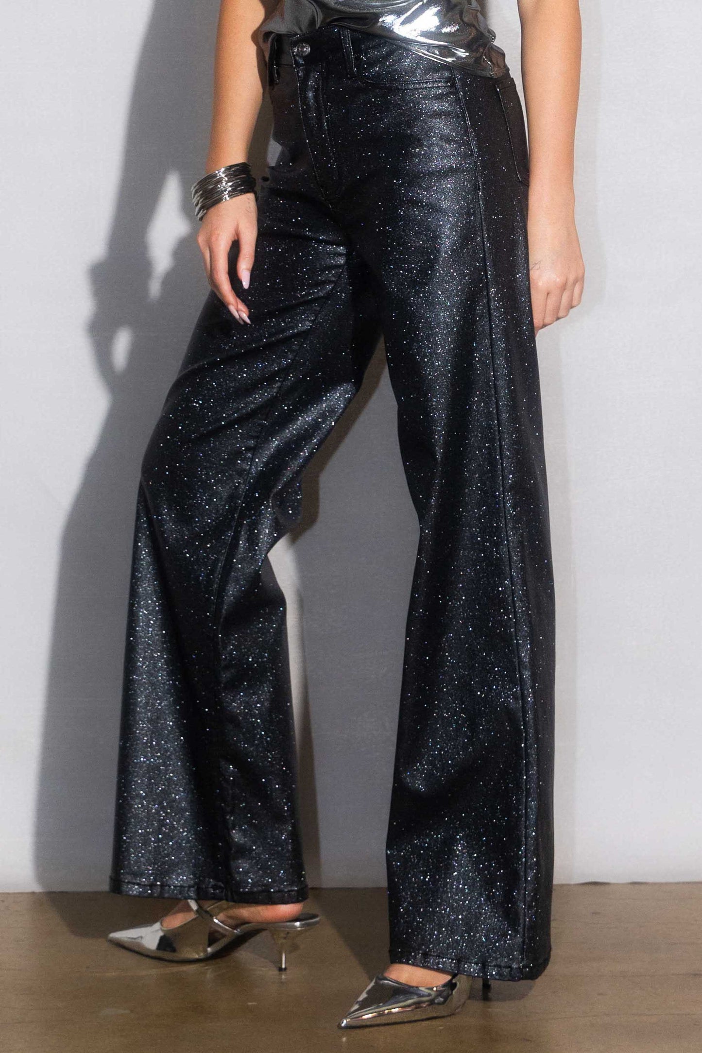 Black Glitter High Rise Wide Leg Pants