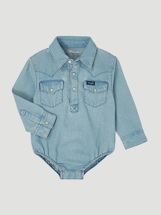 Wrangler Baby Boy Long Sleeve Denim Bodysuit with Western Snap Placket