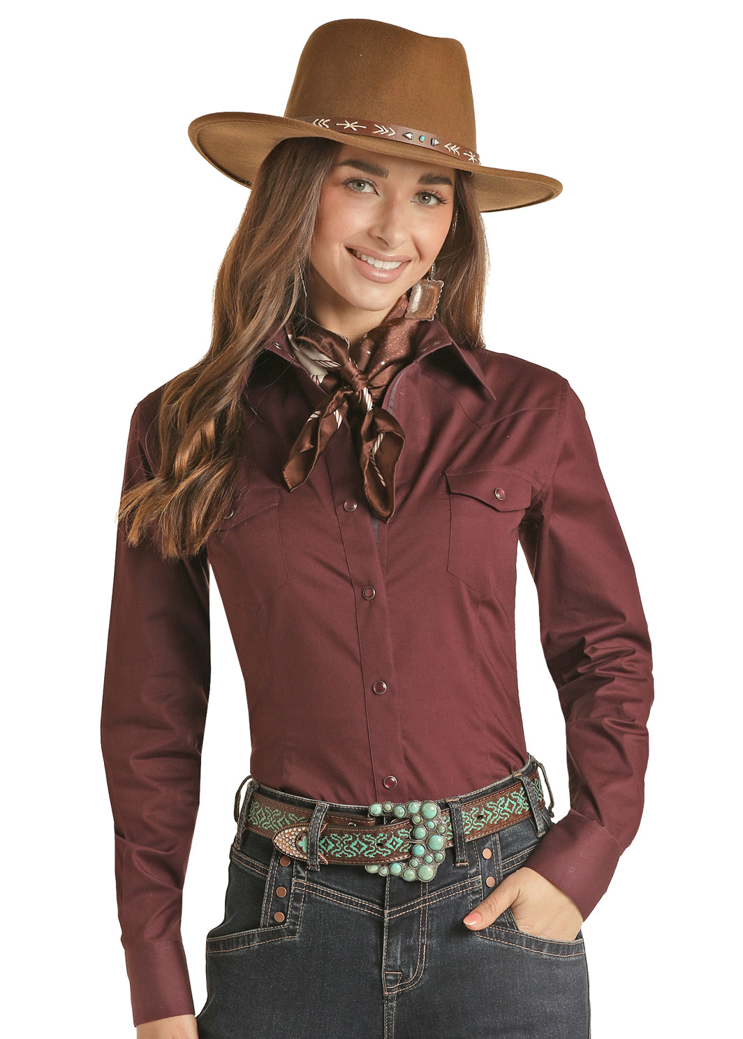 Panhandle Ladies Long Sleeve Solid Snap Shirt Burgundy XL
