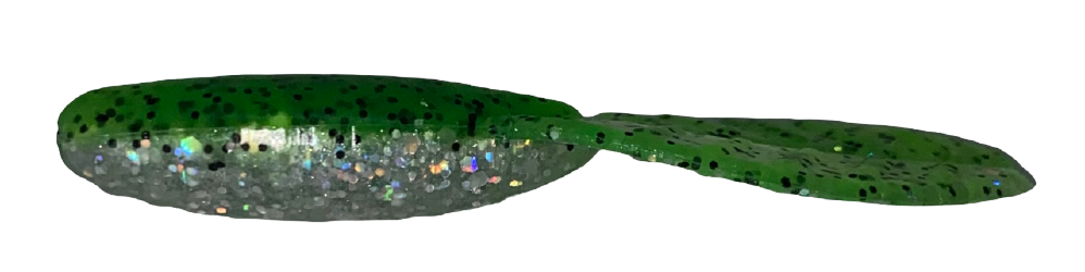 Green fishing lure with glittery texture on a white background