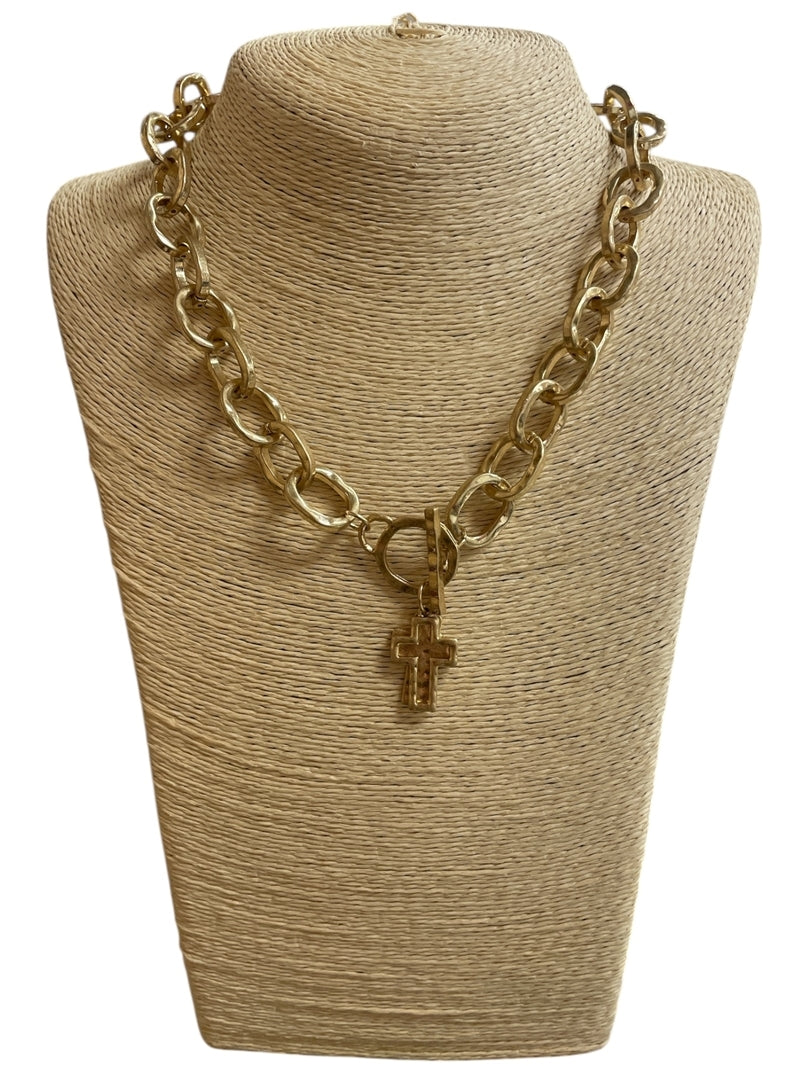 Hammered Double Cross Toggle Necklace in Gold