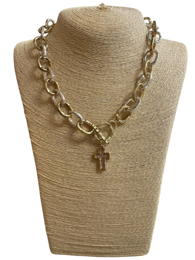 Hammered Double Cross Toggle Necklace in Silver & Gold
