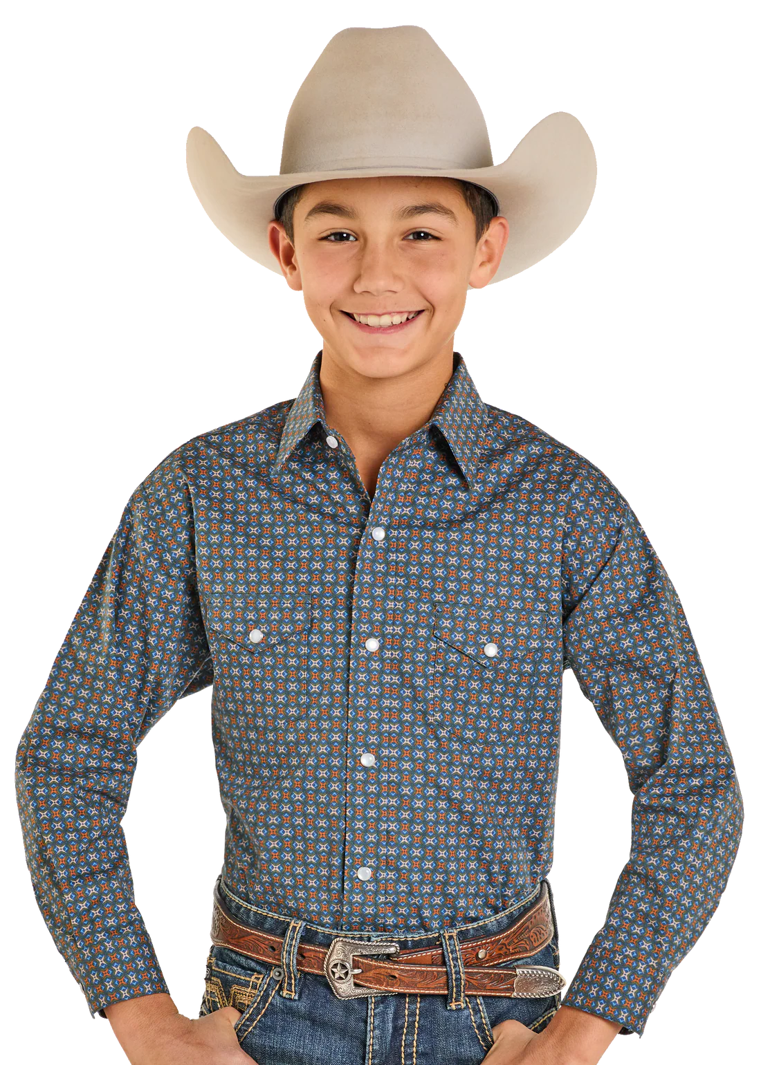 Panhandle Slim Boys' Rough Stock Vintage Diamond Print Long Sleeve Snap Shirt