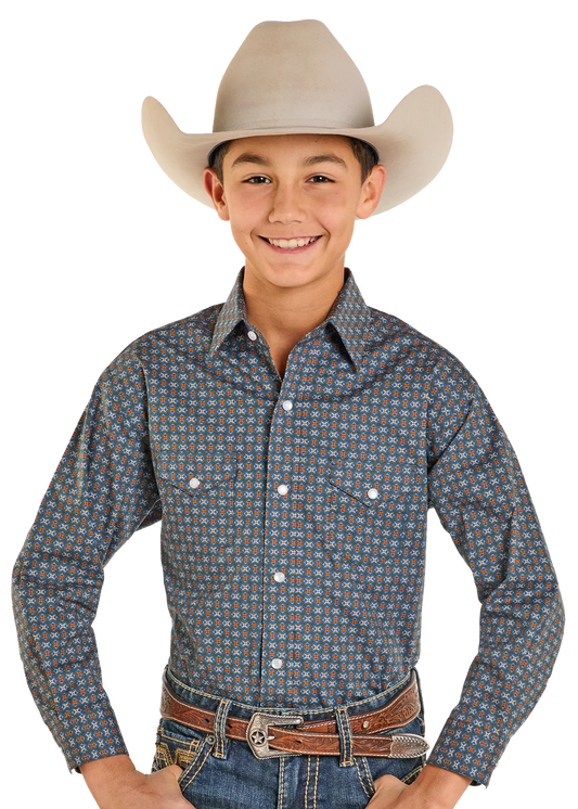 Panhandle Slim Boys' Rough Stock Vintage Diamond Print Long Sleeve Snap Shirt