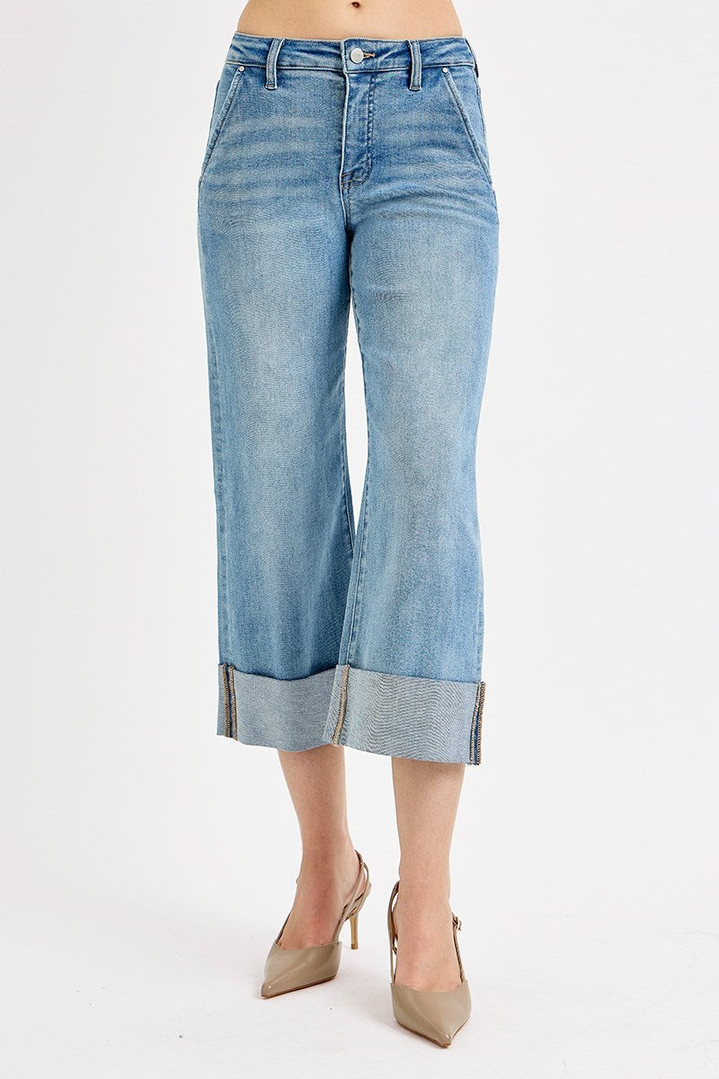 Risen Jeans Tummy Control High Rise Wide Leg Cuff Jeans