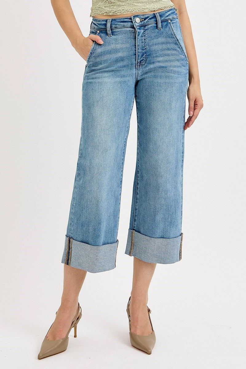 Risen Jeans Tummy Control High Rise Wide Leg Cuff Jeans