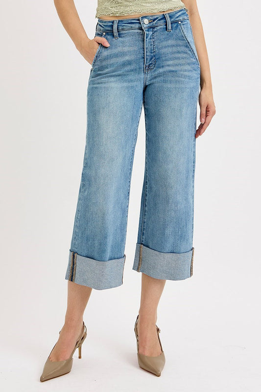 Risen Jeans Tummy Control High Rise Wide Leg Cuff Jeans