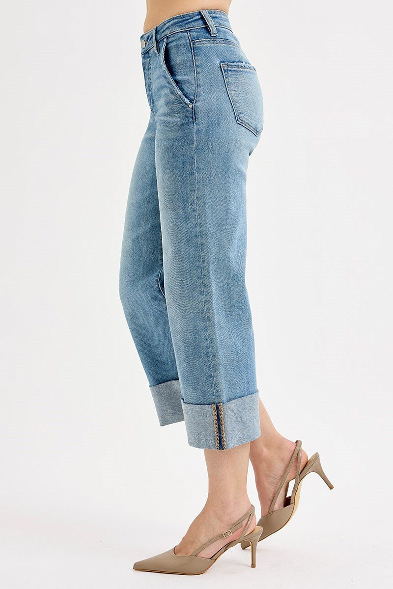 Risen Jeans Tummy Control High Rise Wide Leg Cuff Jeans