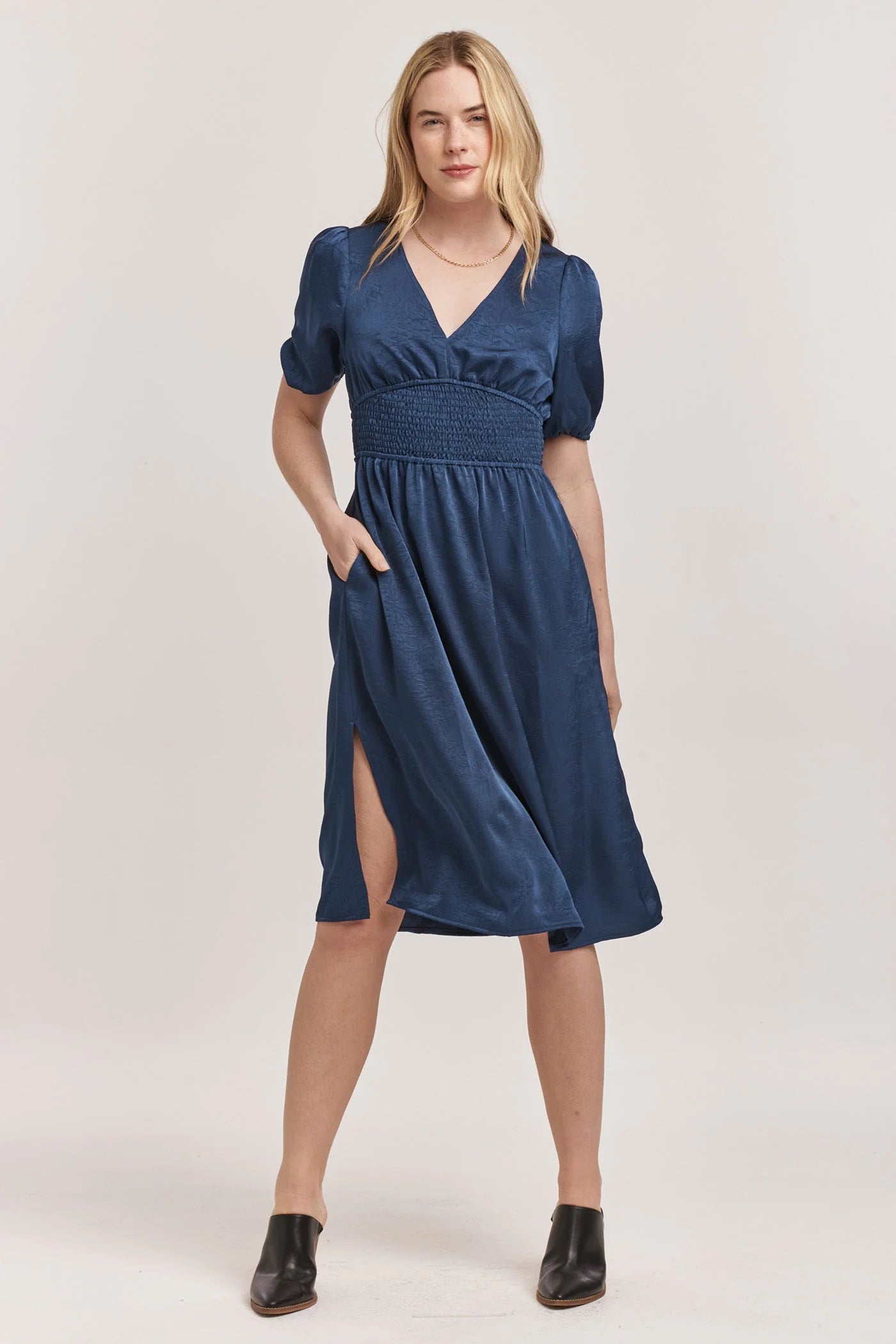 Dear John Denim Jennifer V-Neck Smocked Waist Midi Dress in New Blue