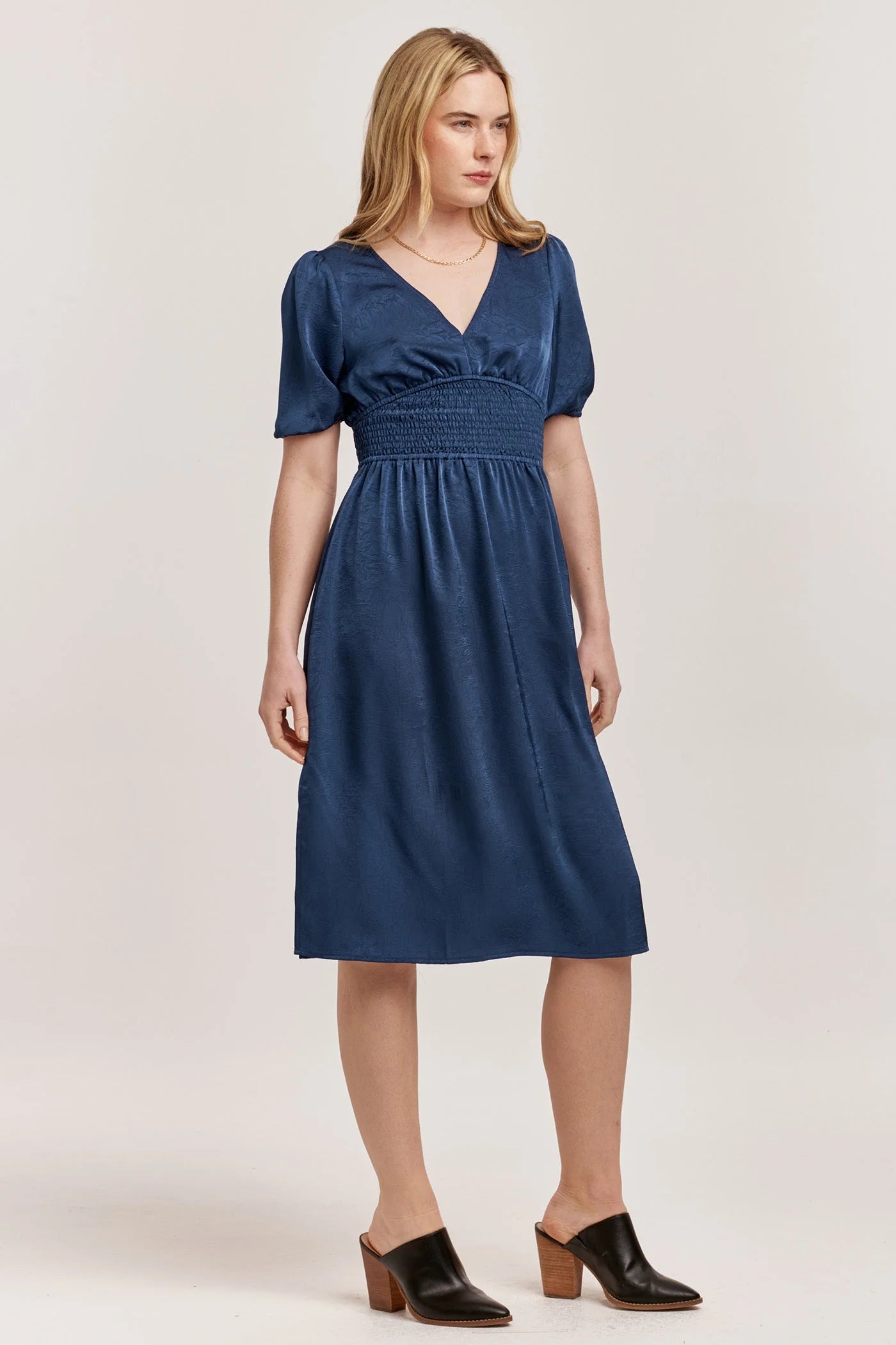 Dear John Denim Jennifer V-Neck Smocked Waist Midi Dress in New Blue