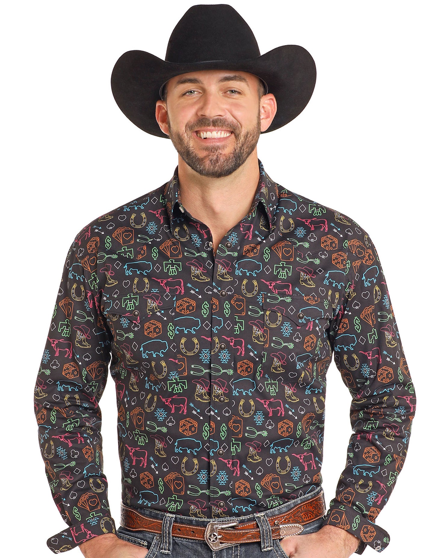 Rock & Roll Denim Neon Novelty Print Long Sleeve Shirt