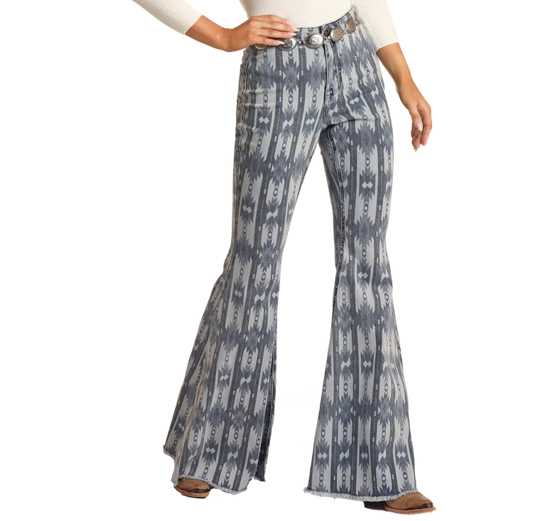 Rock & Roll Denim Light Wash Striped Aztec High Rise Bell Bottoms