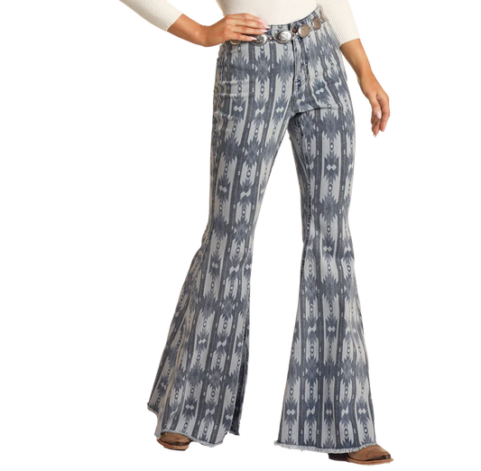 Rock & Roll Denim Light Wash Striped Aztec High Rise Bell Bottoms