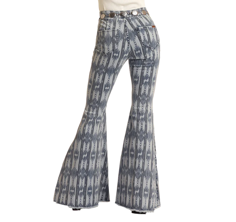 Rock & Roll Denim Light Wash Striped Aztec High Rise Bell Bottoms