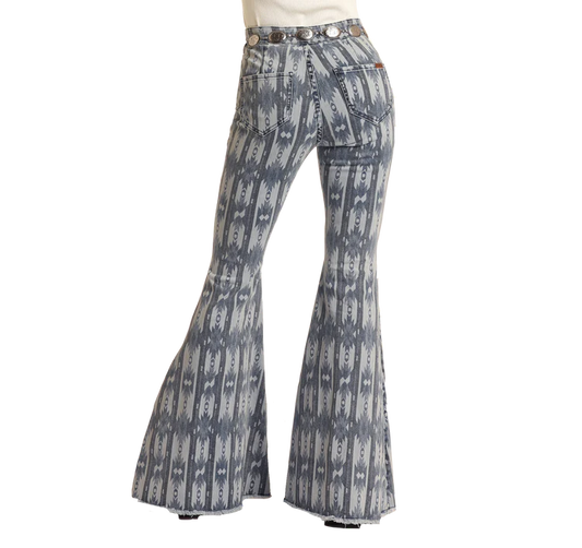 Rock & Roll Denim Light Wash Striped Aztec High Rise Bell Bottoms