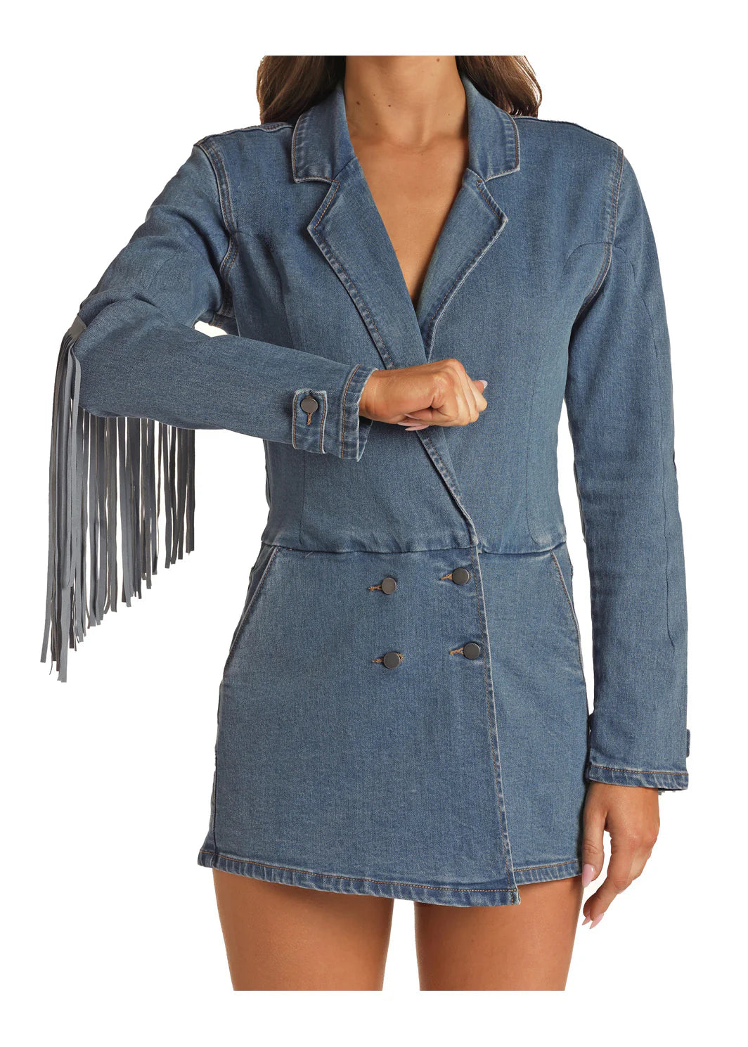 Rock & Roll Denim Fringe Denim Front Overlap Romper