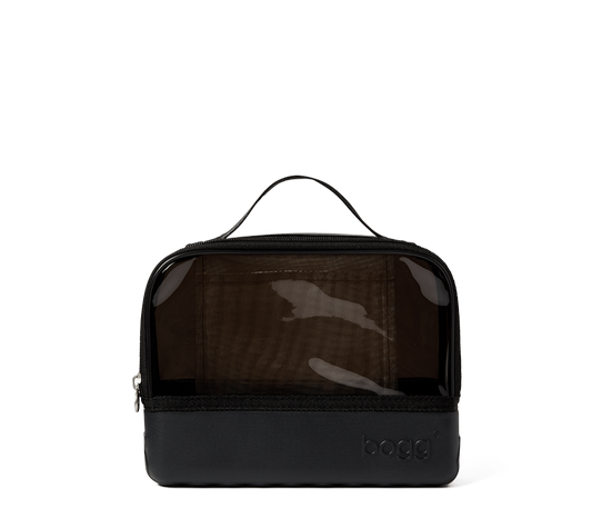 Black toiletry bag with mesh side on a white background
