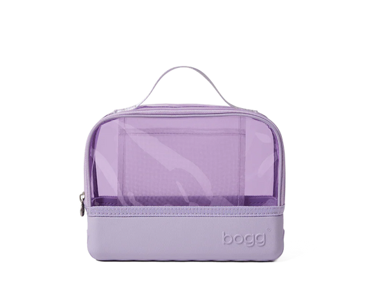 Purple Bogg toiletry bag with clear top on a white background