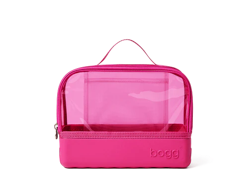 Pink Bogg toiletry bag with clear compartment on a white background