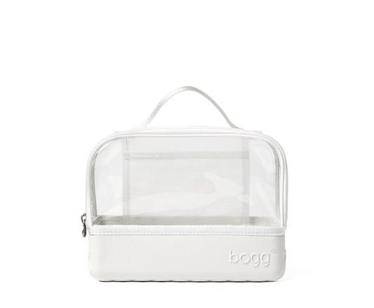 White and clear cosmetic Bogg bag with a handle on a white background