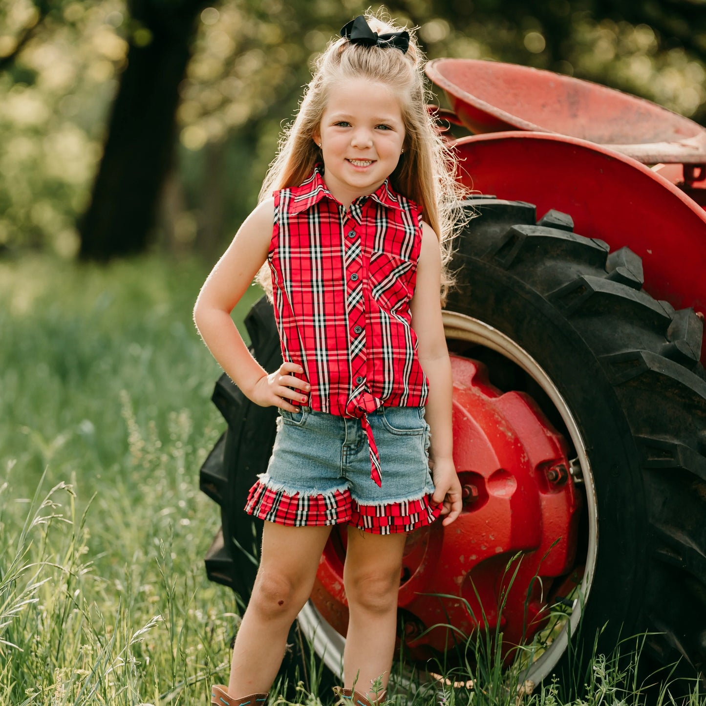 Shea Baby Red Plaid Tie Shirt