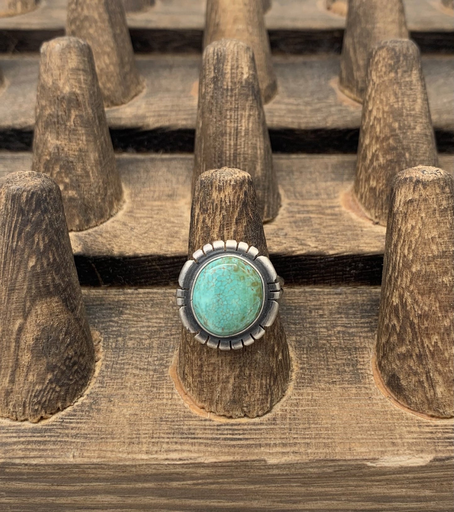 Round Turquoise Ring with Decorative Setting- Size 7