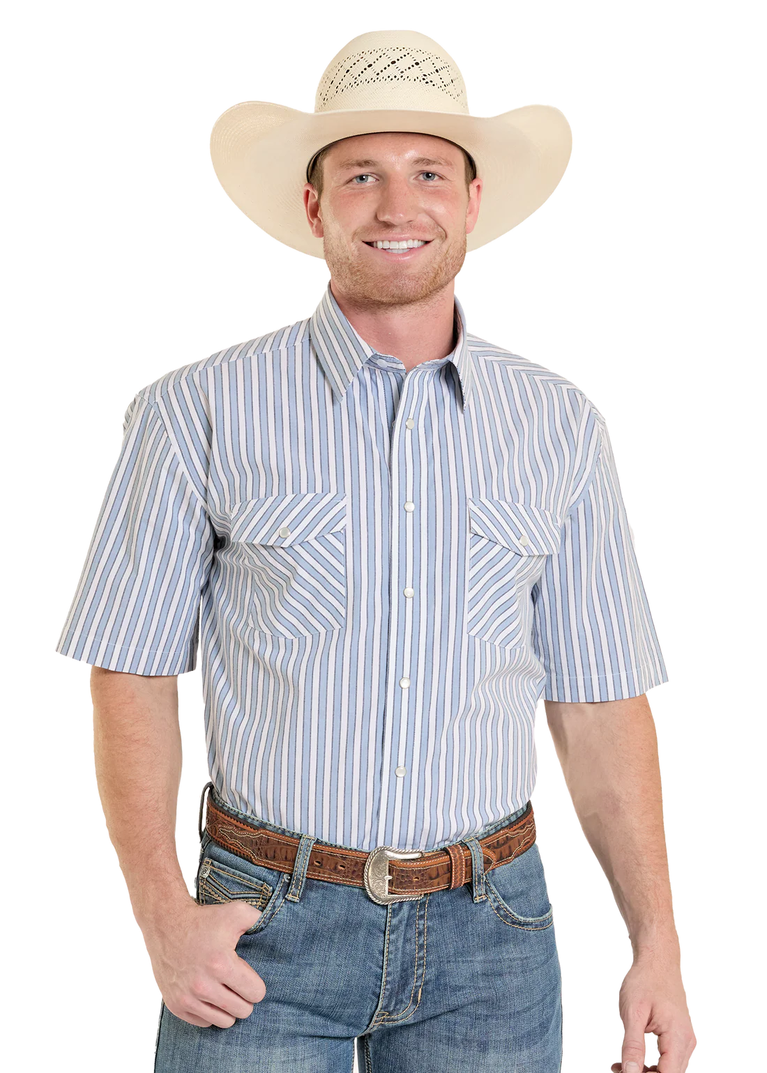 Panhandle Slim Blue Stripe Short Sleeve Snap Shirt