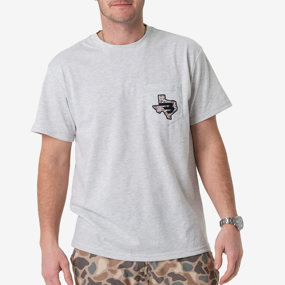 Burlebo Texas Camo Flying B Logo Tee in Heather Ash Grey