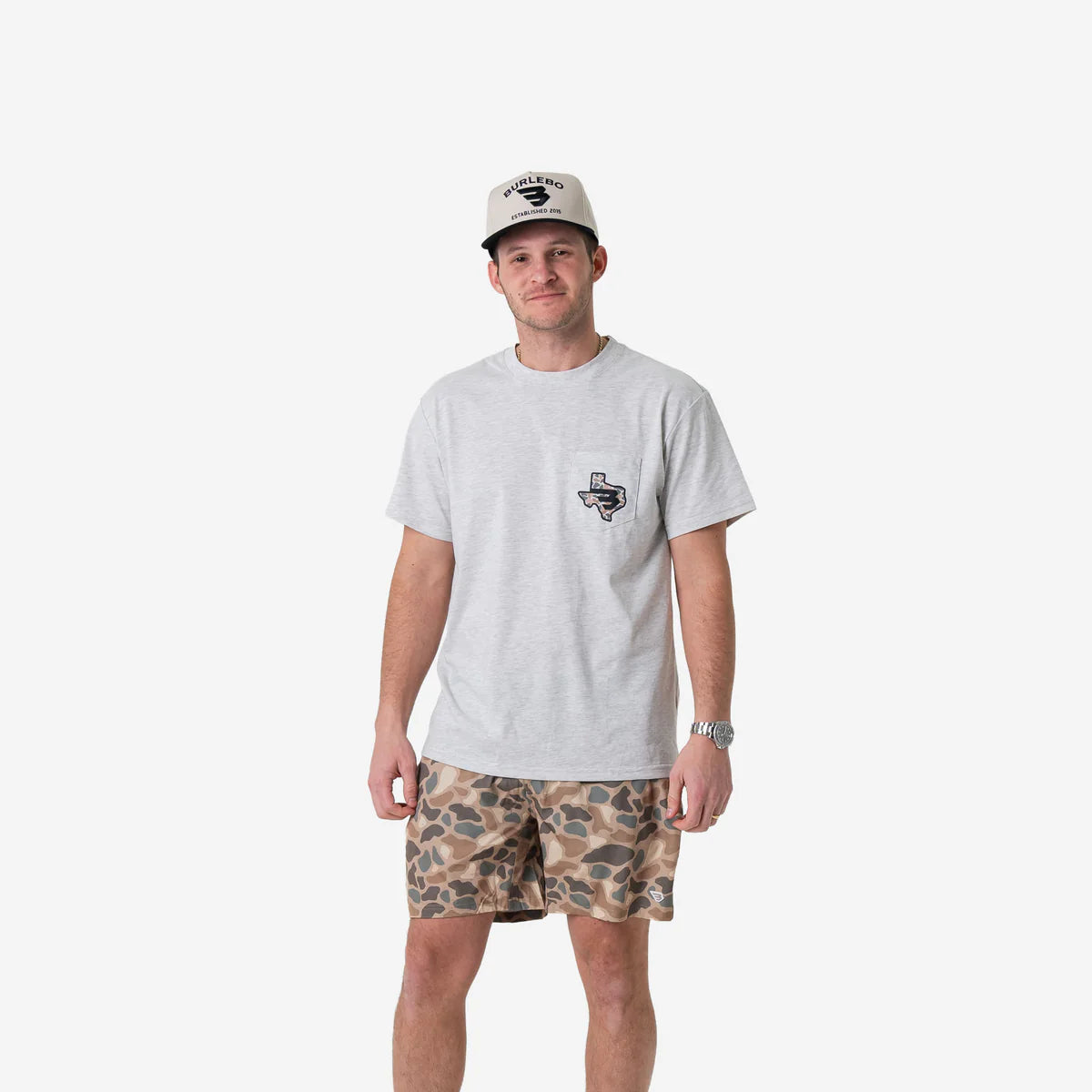 Burlebo Texas Camo Flying B Logo Tee in Heather Ash Grey