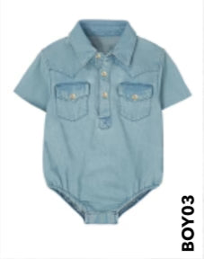 Shea Baby Light Denim Short Sleeve Pearl Snap Onesie