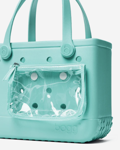 Aqua Bitty Boggs tote with a clear pouch attached, on a white background