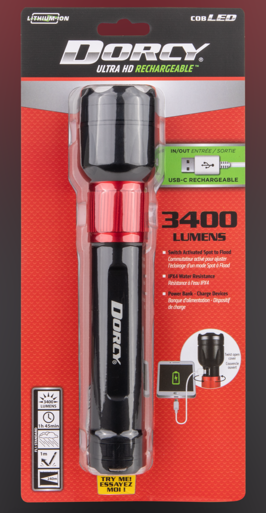 Dorcy 3400 Lumen Ultra HD USB-C Rechargeable Flashlight with Powerbank