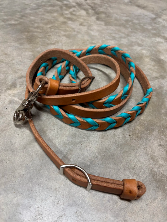 5/8" Adjustable Harness Leather Barrel Racing Rein with Turquoise Lace
