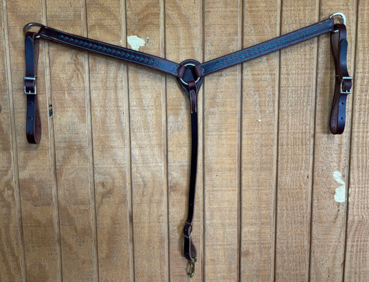 1-1/4" Chocolate Harness with Turquoise Buckstitch Breast Collar