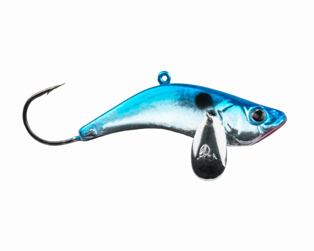 Blue and silver fishing lure on a white background