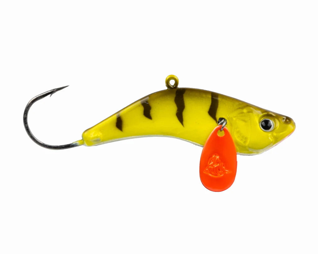 Yellow and black striped fishing lure with a red tag on a white background
