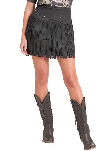 Rock & Roll Denim Studded Microsuede Skirt with Fringe