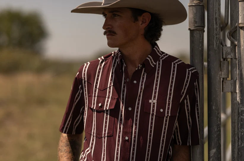 Ferrell Brand The Tucker Short Sleeve Pearl Snap Shirt in Maroon