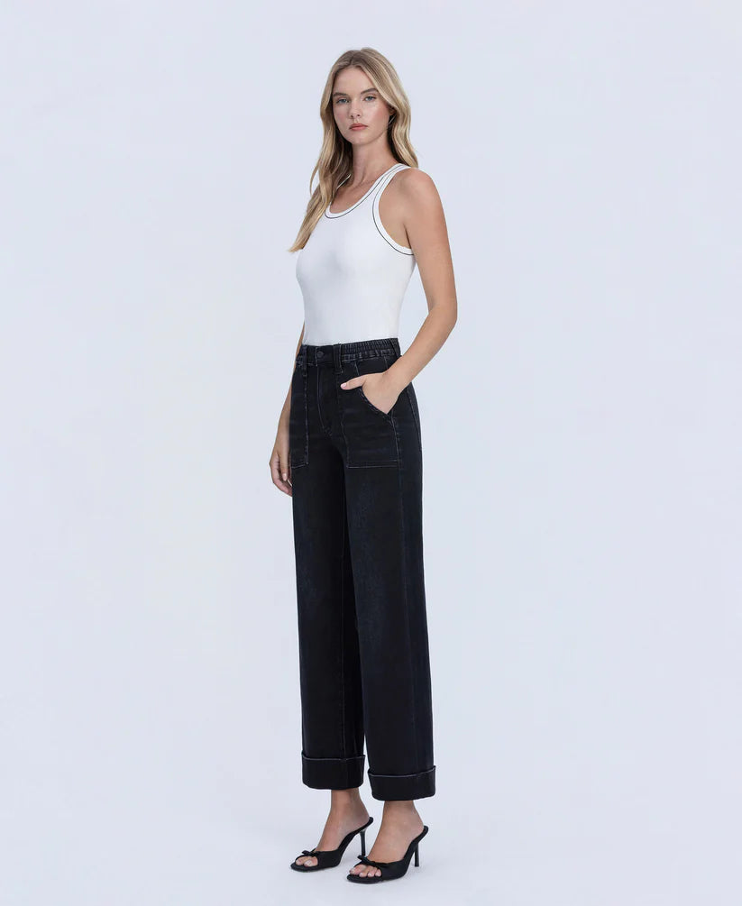 Vervet High Rise Cuffed Baggy Wide Leg Jeans in Black