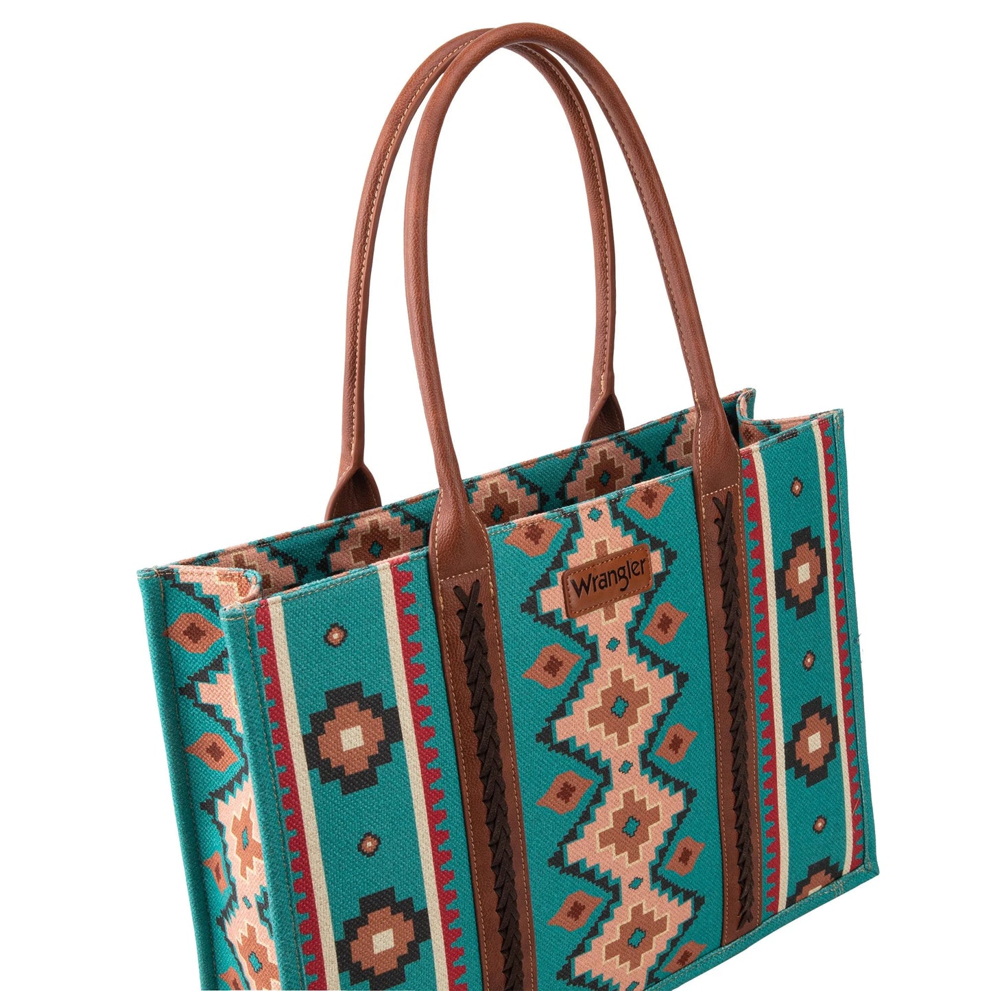 Wrangler Turquoise Southwestern Pattern Dual Sided Print Canvas Wide Tote