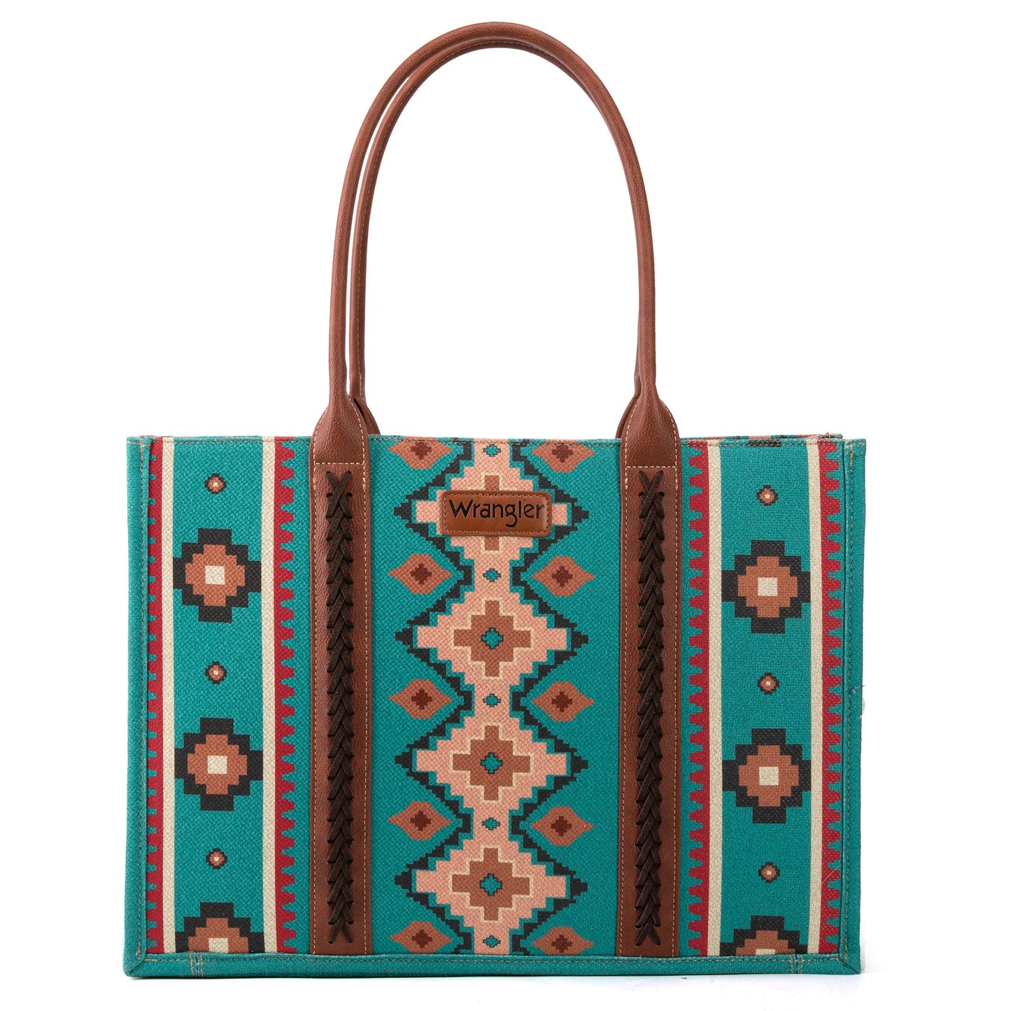 Wrangler Turquoise Southwestern Pattern Dual Sided Print Canvas Wide Tote