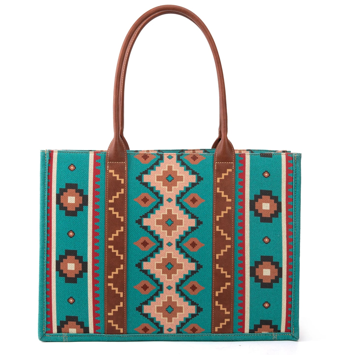 Wrangler Turquoise Southwestern Pattern Dual Sided Print Canvas Wide Tote