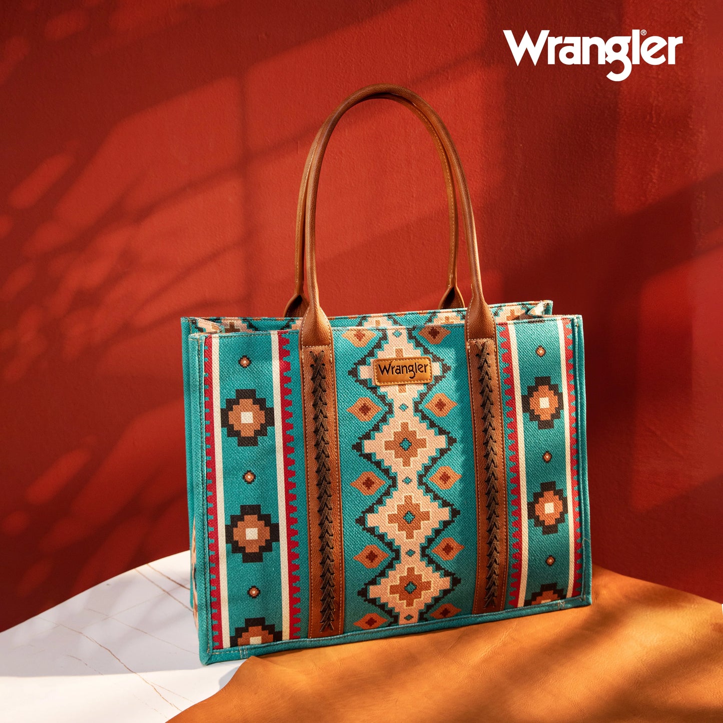 Wrangler Turquoise Southwestern Pattern Dual Sided Print Canvas Wide Tote