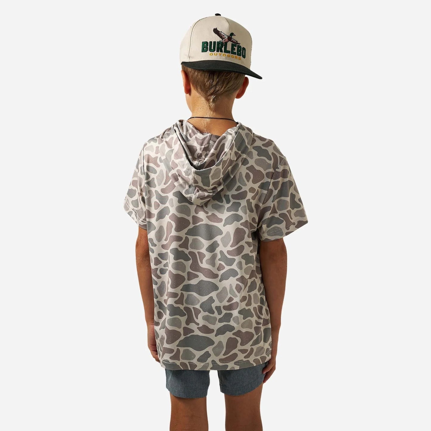 Burlebo Youth Short Sleeve Performance Hoodie in Classic Deer Camo
