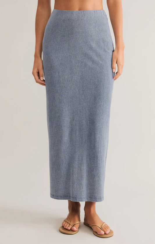 Z Supply Gail Jersey Denim Midi Skirt in Medium Indigo